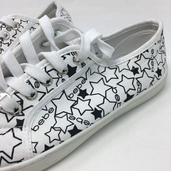 Bebe Women's Sneakers White Black Size 9 Daney Canvas Stars Logo Print Lace Up - Picture 3 of 8